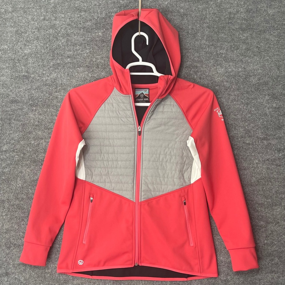 Straight Down Women Medium Coral Red Quilted Hybrid Full Zip Hoodie Jacket Golf